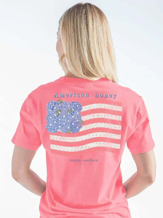Simply Southern American Honey Pink Tee with vibrant graphics, available at final sale price. Retro style for casual comfort.