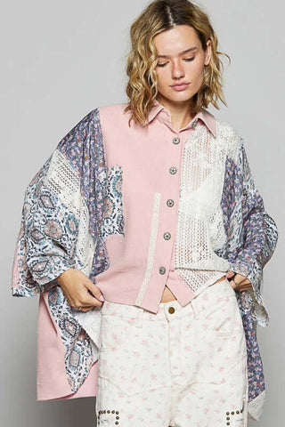 POL Pink & Indigo Mix Print Oversized Top with a colorful abstract design, featuring loose fit and vibrant hues.
