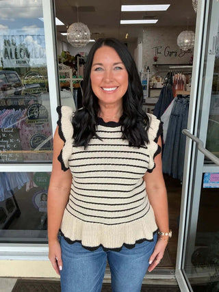 Beige & Black Stripe Ruffle Sleeve Peplum Sweater Top by Davi & Dani – Stylish and Elegant Women's Fashion.