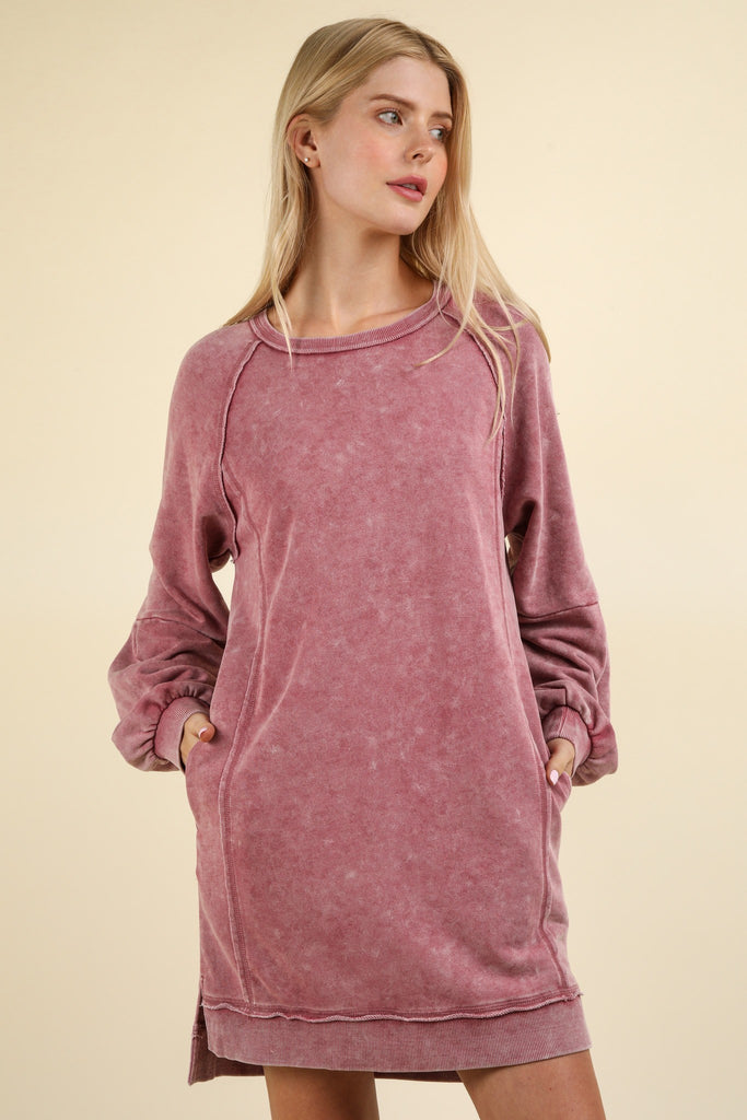 VeryJ - Rose Long Sleeve Mineral Wash Tee Dress - The Gypsy Belle Boutique