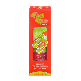 Red box of California Mango Foot Spa with yellow pedicure tool graphic and green mango design on packaging.
