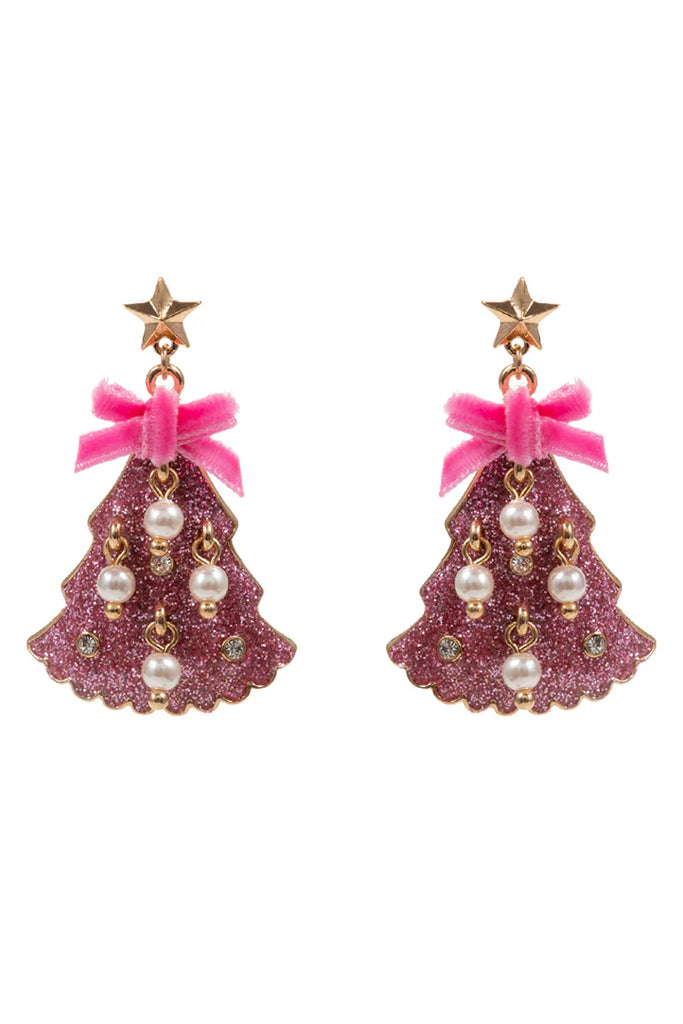 Pink Acrylic Christmas Tree with Pearl Accents 1.75" Earrings - The Gypsy Belle Boutique