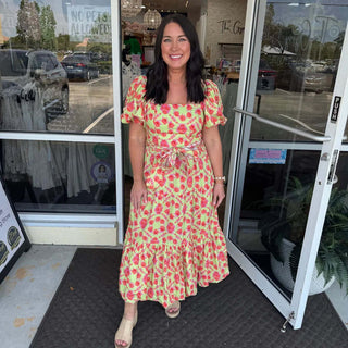 Spring Green & Orange Floral Tiered Scalloped Belt Maxi Dress, Final Sale - Elegant, flowy dress with vibrant floral pattern.