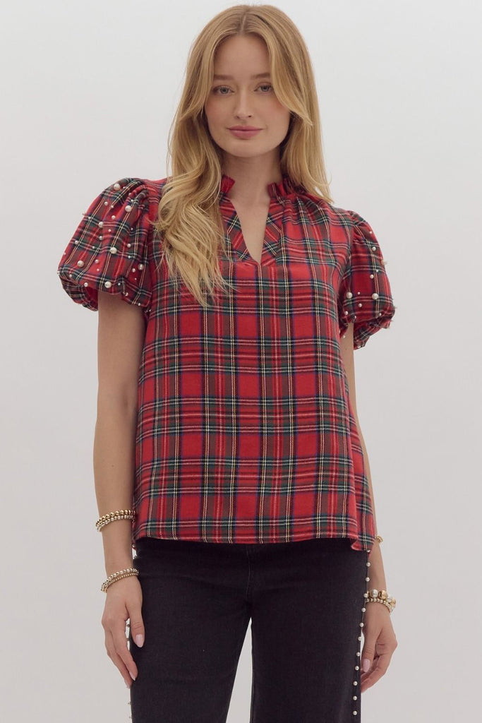 Red Tartan Plaid Puff Sleeve Pearl Top - The Gypsy Belle Boutique