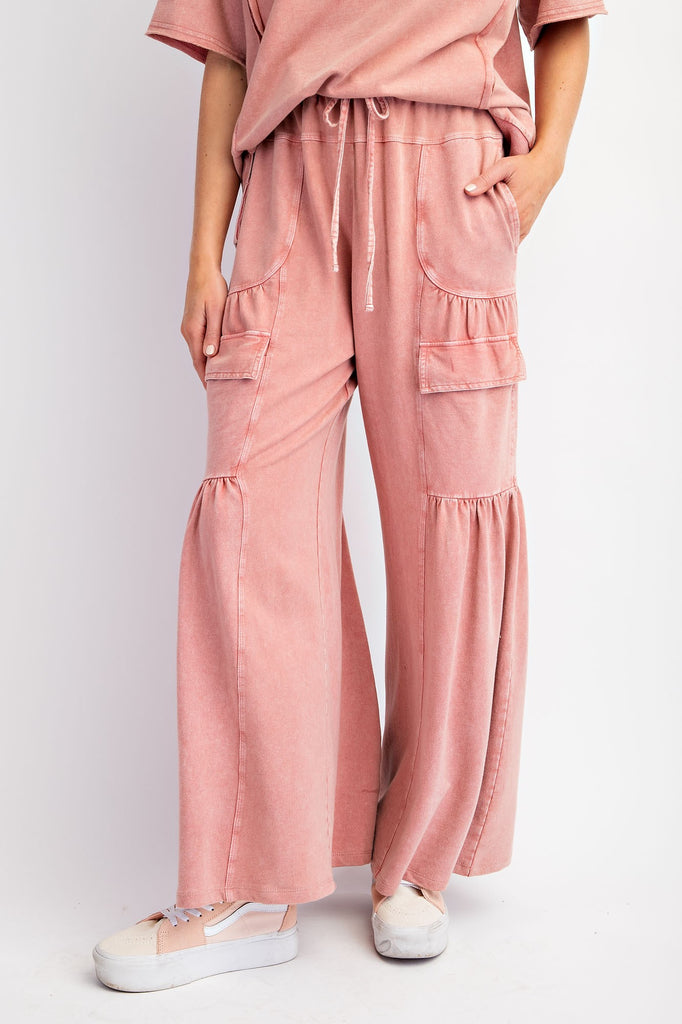 Easel Dusty Rose Mineral Wash Wide Leg Pants - The Gypsy Belle Boutique