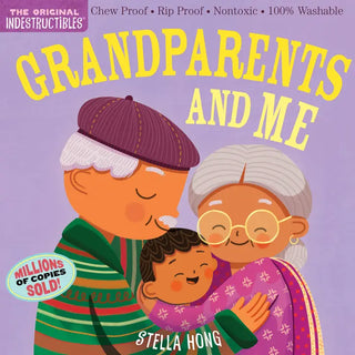 Colorful board book cover featuring illustrated grandparents and child hugging on purple background with yellow text.
