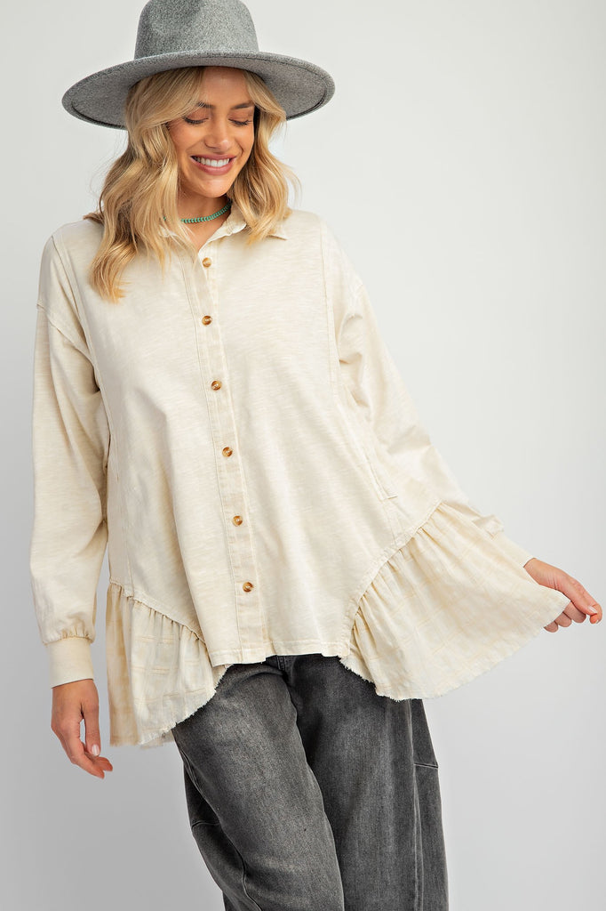 Easel - Ivory Long Slv Mineral Wash Tunic Top - The Gypsy Belle Boutique