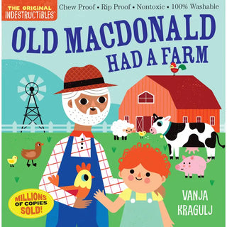 Colorful farm-themed children's book cover with cartoon farmer, child, red barn, cow, and animals on green grass.
