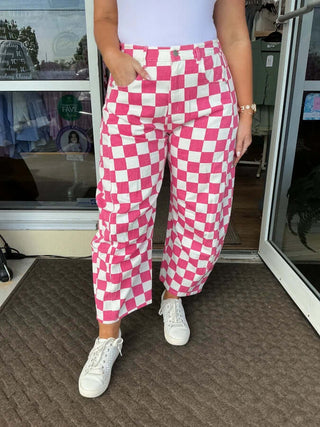 Pink Checker Gypsy Fit Denim Pant by Oddi - Stylish, Comfortable Checkered Pants Perfect for Trendy Casual Wear