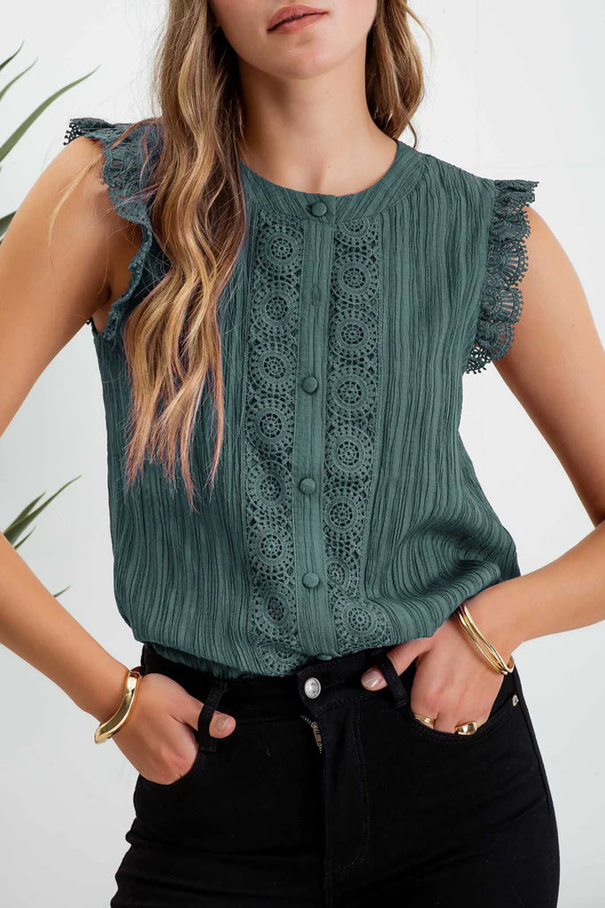 Blu Pepper - Teal Eyelet Trim Sleeveless Top - The Gypsy Belle Boutique