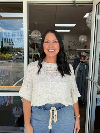 Lightweight open knit pullover sweater top in beige, displayed on a hanger against a gray background by Heyson (2 colors available).