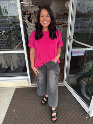 Hot Pink Flutter Sleeve Shine Top by Sew In Love, featuring a vibrant color and elegant design on a white backdrop.