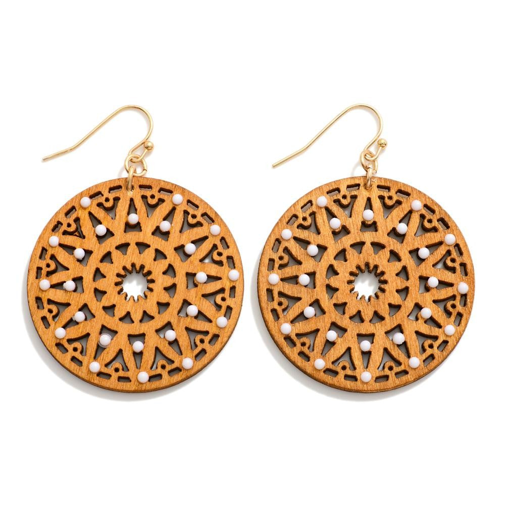 Wood Mandala with White Bead Earrings - The Gypsy Belle Boutique