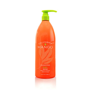 Bright orange California Mango cleansing gel bottle with green pump dispenser and mango leaf design.

