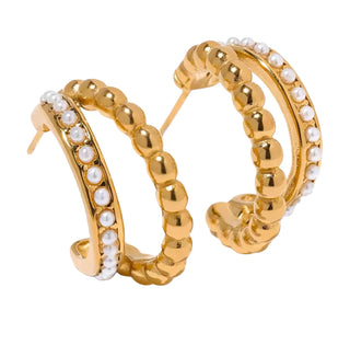 Double Pearl & Gold Hoop Stud Earrings Lauren Kenzie Lifetime Warranty