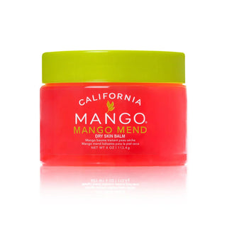 Red jar with lime green lid containing California Mango Mend dry skin balm treatment.
