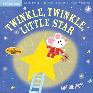 Indestructibles board book with white mouse in red outfit on yellow star against blue night sky background.
