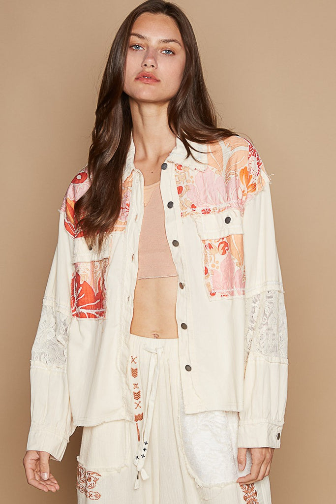 POL - Cream & Coral Patchwork Denim Shacket Top - The Gypsy Belle Boutique