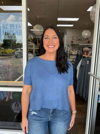 Cozy Co's Denim Blue Boatneck Sweater Top: Comfortable, stylish fit with cozy fabric, perfect for casual or chic outfits.