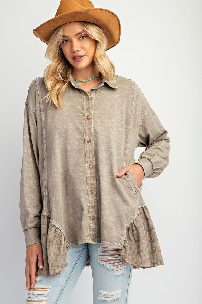 Easel - Mocha Long Slv Mineral Wash Tunic Top - The Gypsy Belle Boutique