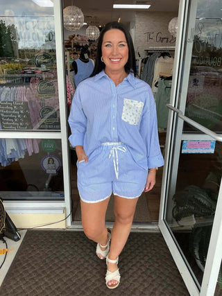 &Merci striped blue & ditsy floral short set; stylish summer outfit with floral shorts and striped top for casual wear.
