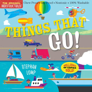 Colorful children's book cover featuring vehicles including airplane, hot air balloon, car, truck, and boat on blue backgroun
