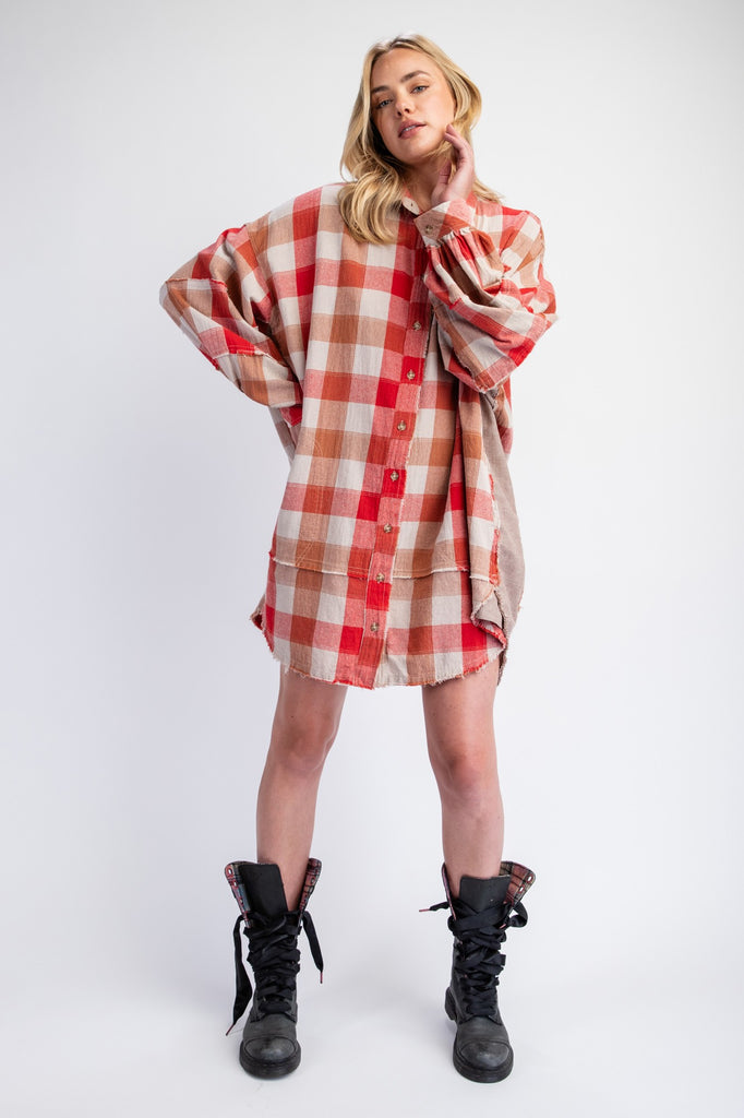 Easel - Red Plaid Oversized Shirt Dress - The Gypsy Belle Boutique