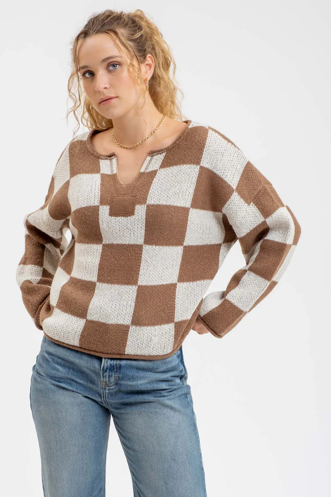 Blu Pepper - Mocha Checkered Sweater Top - The Gypsy Belle Boutique