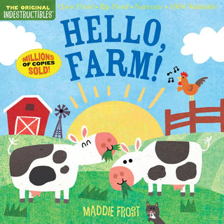 Colorful children's board book cover with farm scene featuring cows, pig, rooster, barn, windmill and yellow sun.
