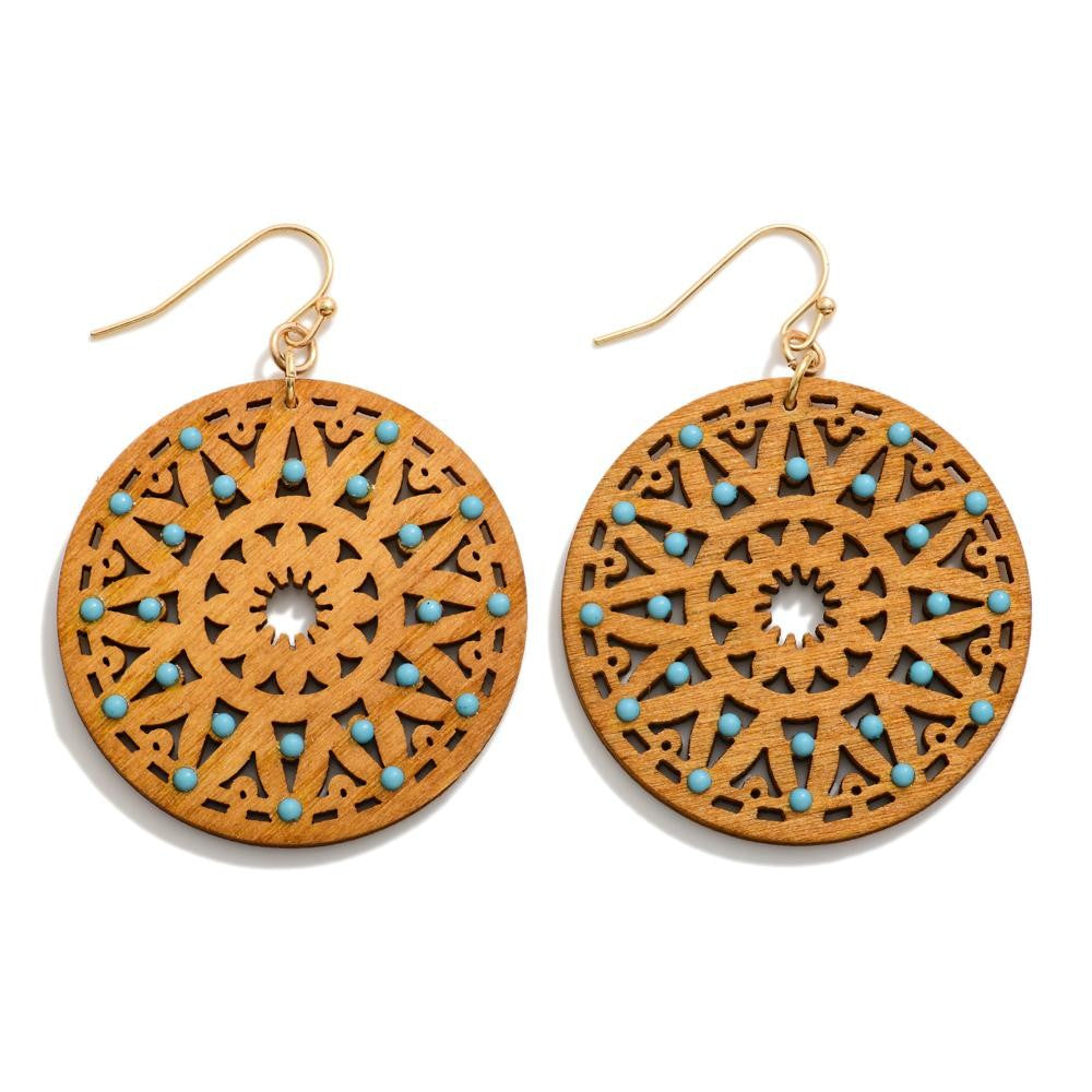 Wood Mandala with Turquoise Bead Earrings - The Gypsy Belle Boutique