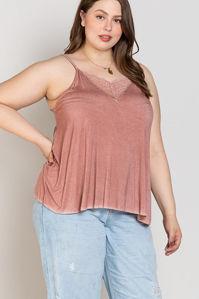 POL - Dusty Rose Mineral Wash Lace Sleeveless Top - The Gypsy Belle Boutique