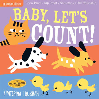Colorful board book cover with orange cat, spotted dog, yellow dog, and yellow chicks on purple, orange, and blue backgrounds
