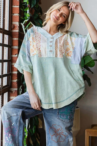 Sage Mineral Washed Patchwork Henley Top with long sleeves, featuring a unique textured design and soft fabric. Perfect for casual wear.
