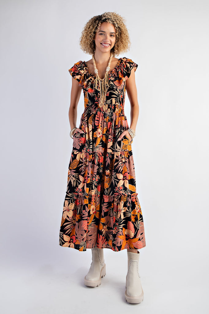 Easel - Tropical Print Peach Blossom Tiered Maxi Dress - The Gypsy Belle Boutique