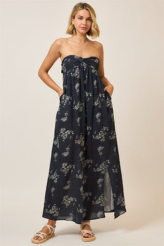 Navy Floral Romantic Strapless Maxi Dress