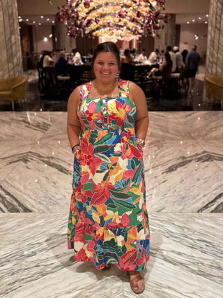 Red Tropical Print Tiered Maxi Dress by Skies Are Blue – Effortlessly chic style in lightweight, vibrant fabric.
