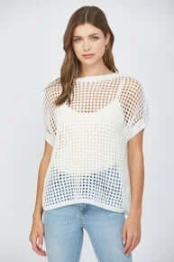 Stylish open weave crochet sweater top by Fate in two colors, perfect for layering. Ideal for casual or trendy outfits.