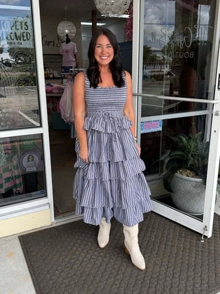 Stylish &Merci Charcoal & Blush Stripe Ruffle Midi Dress with Sleeveless Design and Flirty Ruffles