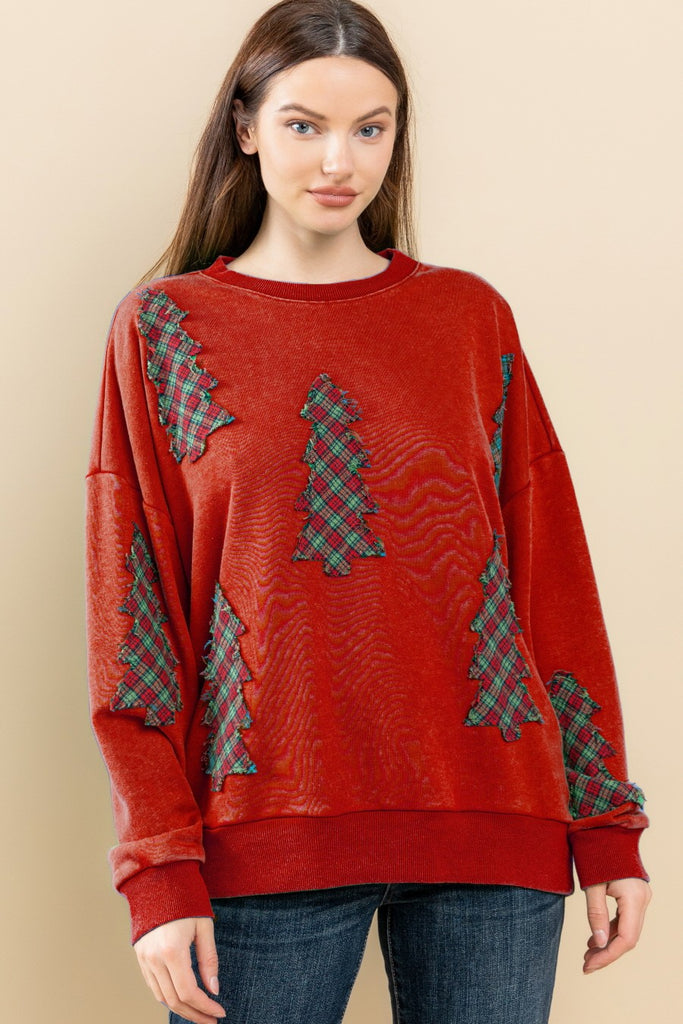 Oddi - Washed Burgundy Christmas Tree Sweatshirt - The Gypsy Belle Boutique