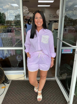 &Merci Striped Pink & Ditsy Floral Short Set: Stylish loungewear featuring a pink striped top and floral shorts, perfect for summer.