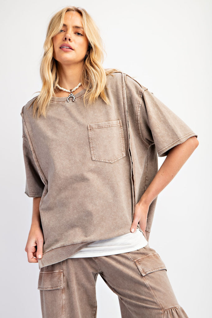 Easel Mocha Mineral Wash Knit Top - The Gypsy Belle Boutique