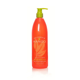 Bright red California Mango shampoo bottle with green pump dispenser and leaf graphic design.
