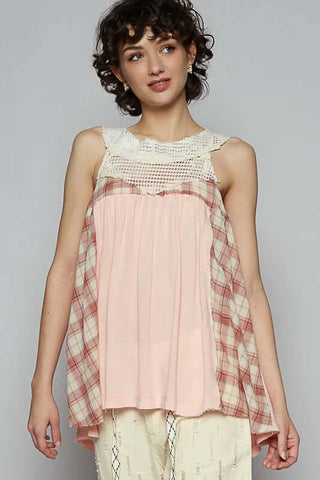 POL Peachy Pink Plaid Lace Top - Chic, feminine style with lace details, perfect for casual and trendy looks, final sale.