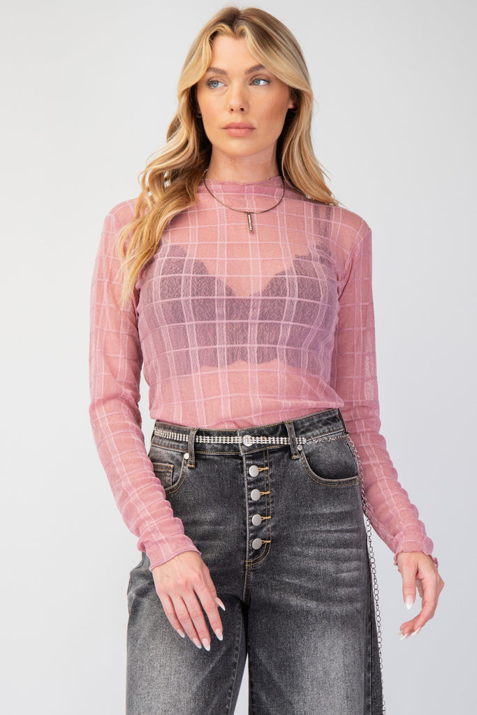 Easel Mauve Plaid Mesh Layering Top - The Gypsy Belle Boutique