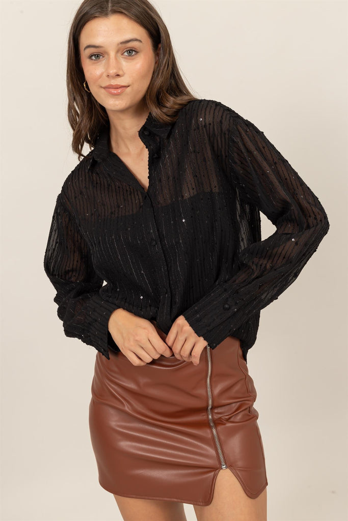 Black Sheer Sequin Textured Top - The Gypsy Belle Boutique