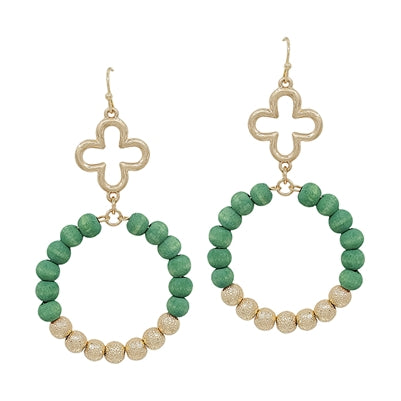 Green Wood and Gold Beaded Hoop with Clover 2" Earrings - The Gypsy Belle Boutique