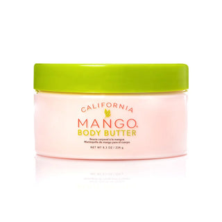 Jar of California Mango Body Butter with lime green lid and pink container.
