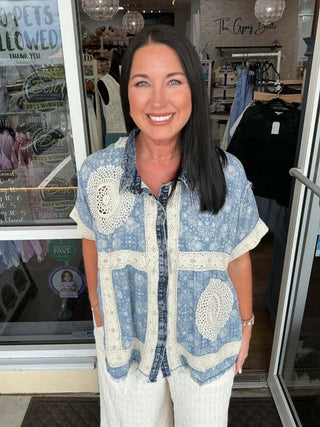 Stylish Lt Denim Crochet Patchwork Button Down Shirt by Oli & Hali, featuring unique design and intricate detailing.
