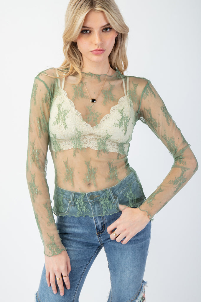 Easel - Sage Green Sheer Floral Lace Long Slv Layering Top - The Gypsy Belle Boutique