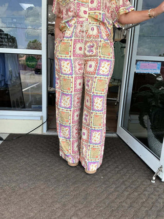Paisley Patchwork Wide Leg Pants with Beaded Tie - Bohemian Style, Vibrant Colors, Comfortable Fit, Perfect for Chic Outfits